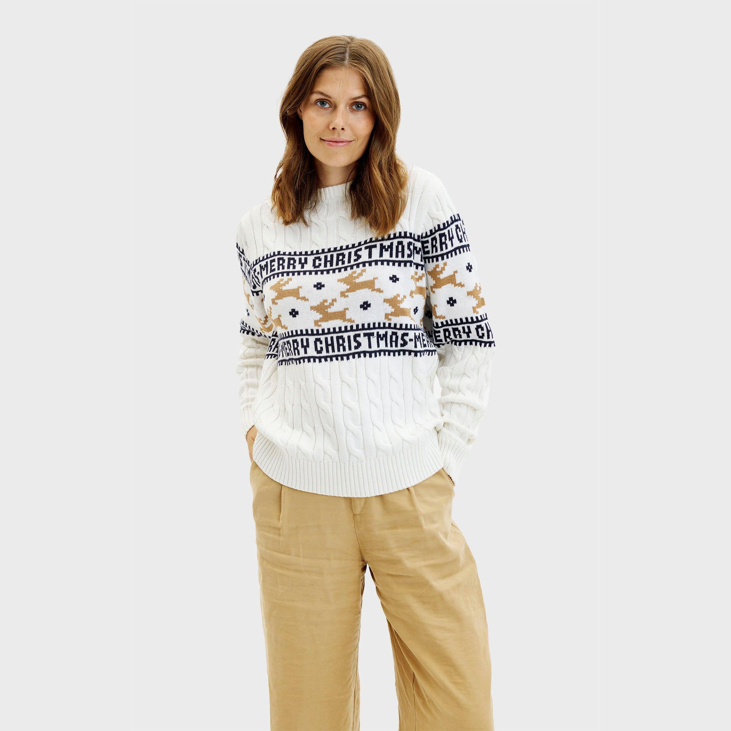 Weißer weihnachtspullover damen mit Norwegermuster und Schriftzug Merry Christmas.